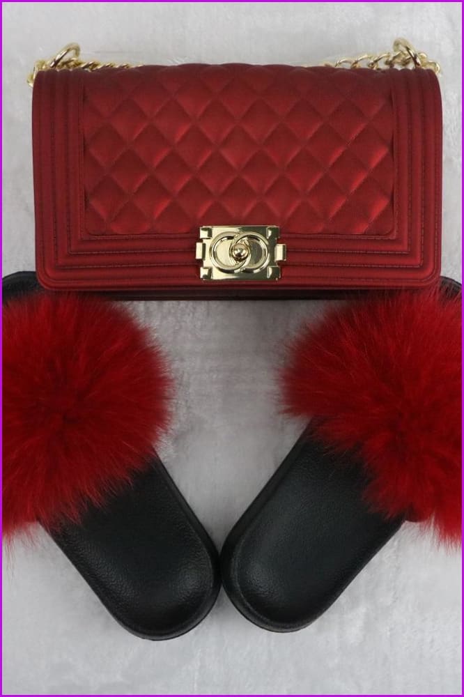 Ready Stock Wine Red Fur Slides & Bag Set F735 - Furdela