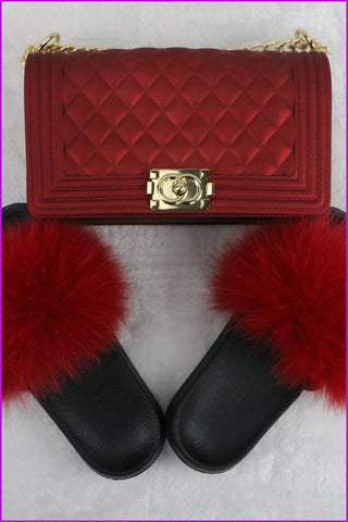 Ready Stock Wine Red Fur Slides & Bag Set F735 - Furdela
