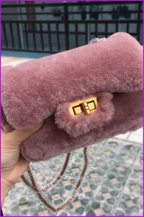 Real Fur Lambs Wool Shoulder Bag DF080 - Furdela Wholesale