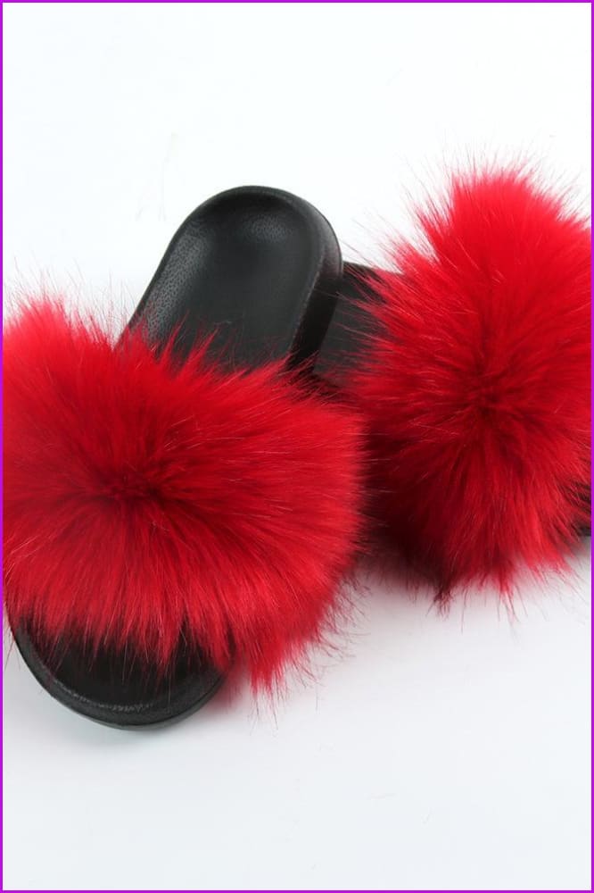 Red Faux Fake Big Fur Slides F152 - Furdela