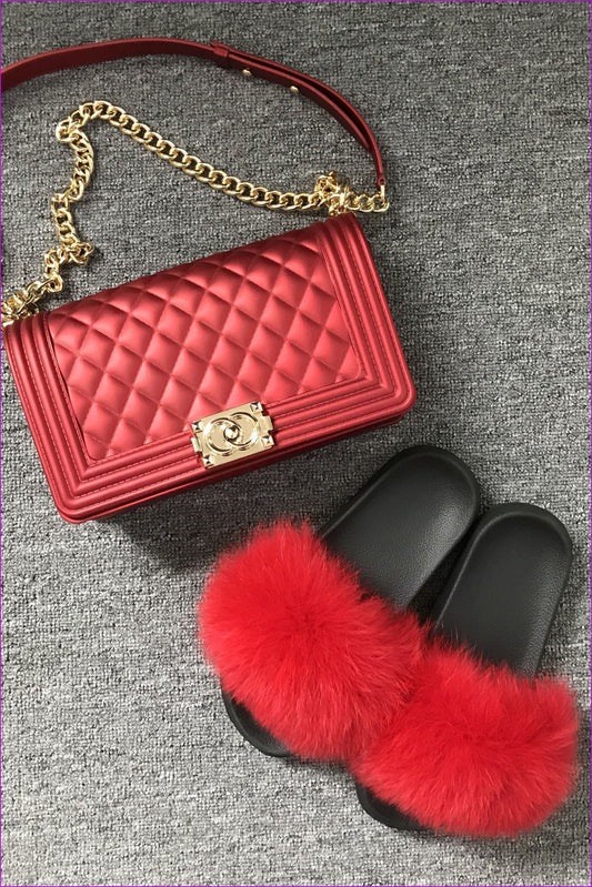 Red Jelly Shoulder Bag And Slides Set - Furdela