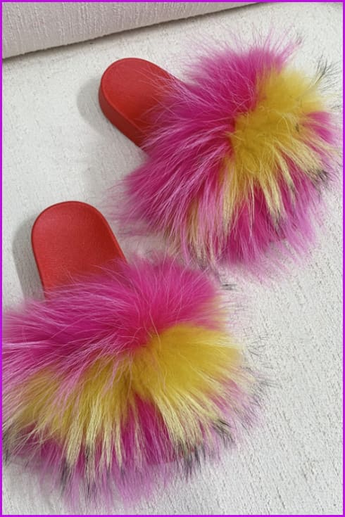 Red PVC Sole Fur Sliders DF073-3 - Furdela