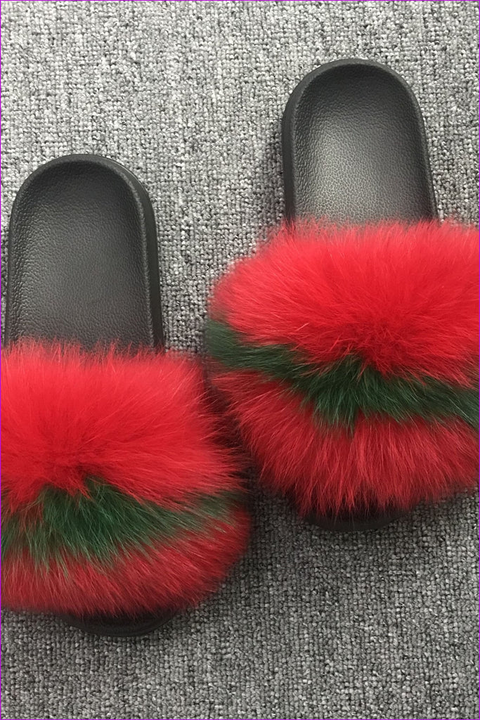 Red With Green Fox Full-Pelt Fur Sliders DF003 - Furdela