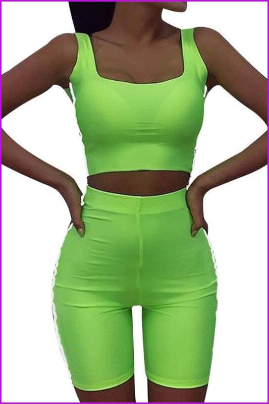 Reflective Skinny Biker Neon Sports Two-Piece Set F067 - Furdela