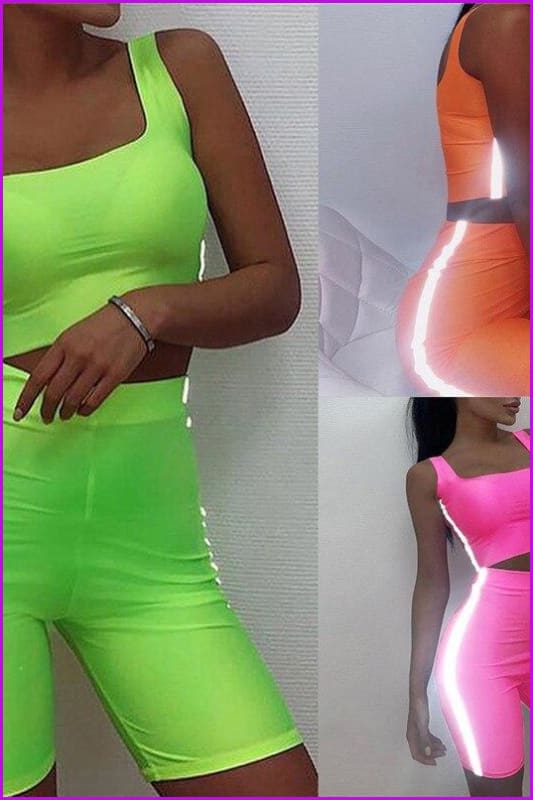 Reflective Skinny Biker Neon Sports Two-Piece Set F067 - Furdela