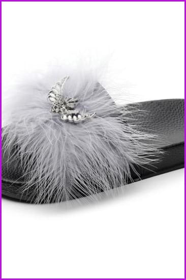 Rhinestone Bow Lady Furry Slides Casual Luxury Fur Slippers DE239 - Furdela