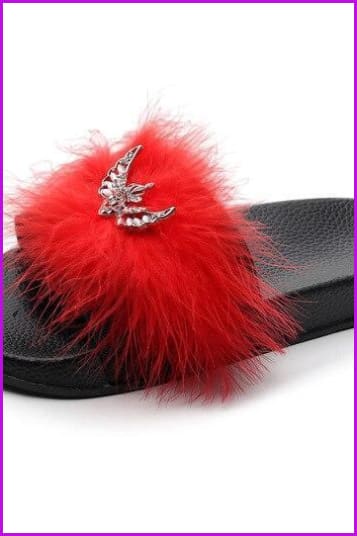 Rhinestone Bow Lady Furry Slides Casual Luxury Fur Slippers DE239 - Furdela