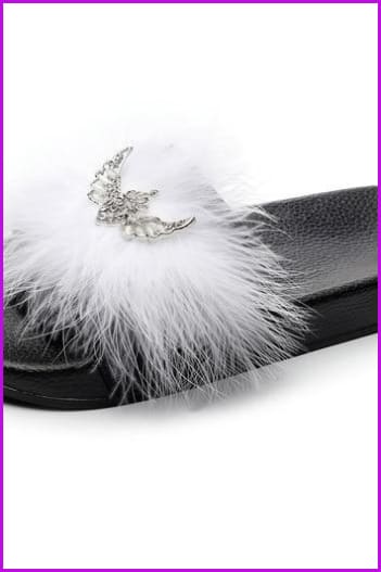 Rhinestone Bow Lady Furry Slides Casual Luxury Fur Slippers DE239 - Furdela