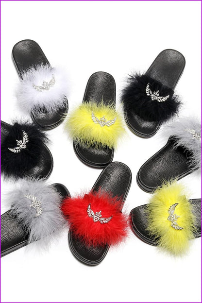 Rhinestone Bow Lady Furry Slides Casual Luxury Fur Slippers DE239 - Furdela