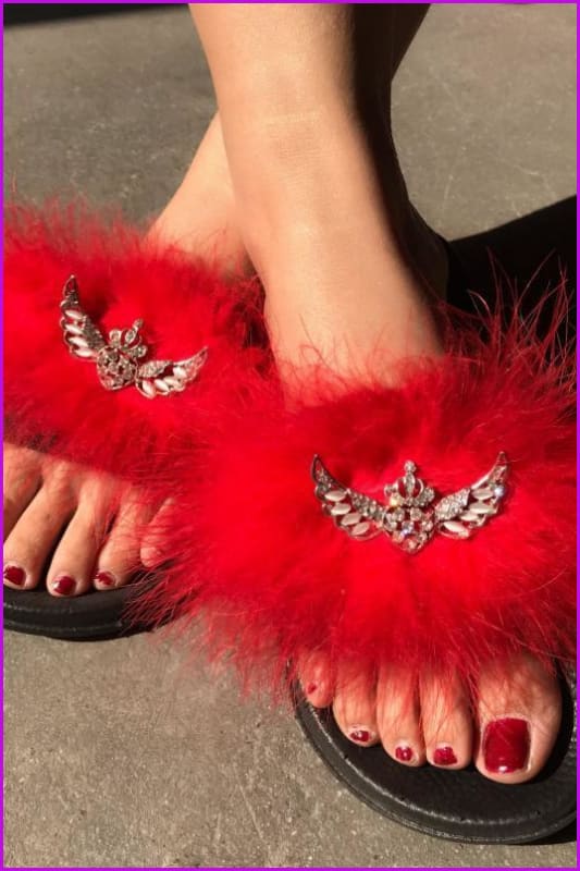 Rhinestone Bow Lady Furry Slides Casual Luxury Fur Slippers DE239 - Furdela