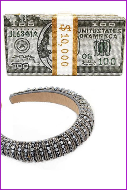 Rhinestone Dollars Handbag and Head hoop F1723 - Furdela