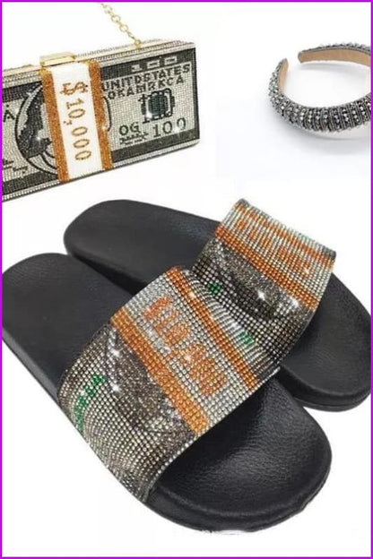 Rhinestone Dollars Slippers and Handbag/Head hoop F1709 - Furdela