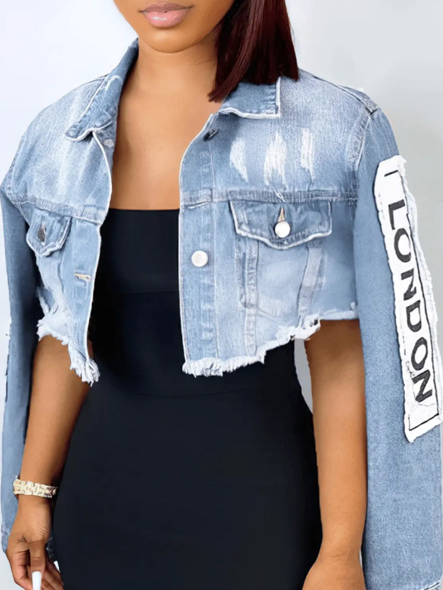 Turndown Collar Breasted Design Letter Print Loose Jacket BO3014