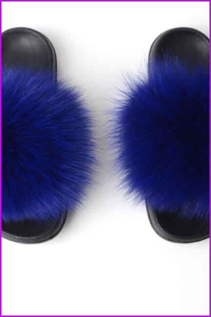 Royal Blue Fox Full-Pelt Fur Sliders DF003 - Furdela Wholesale