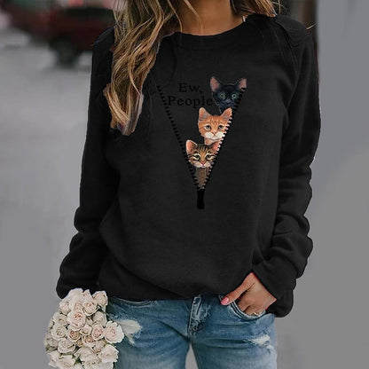 Women's Sweatshirt Pullover Basic Green Blue Purple Cat Street Round Neck Long Sleeve S M L XL 2XL 3XL PC100