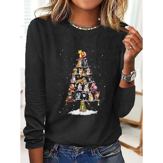 Women's T shirt Tee Black Blue Gray Cat Christmas Tree Print Long Sleeve Christmas Weekend Basic Round Neck Regular Cat Painting S PC99