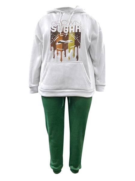 Plus Size Lip Letter Print Kangaroo Pocket Tracksuit Set BO1113