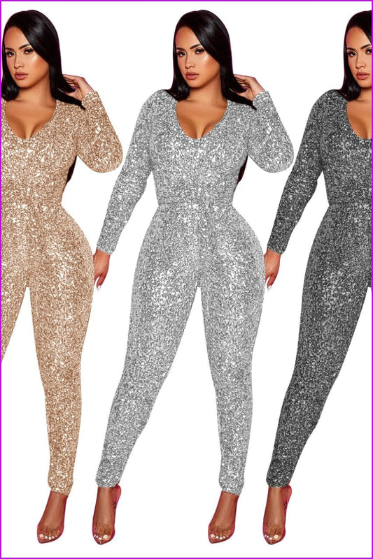 Sequins Jumpsuit Women Bodycon Long Sleeve Rompers with Belt F414 - Furdela