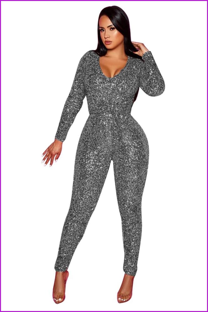 Sequins Jumpsuit Women Bodycon Long Sleeve Rompers with Belt F414 - Furdela