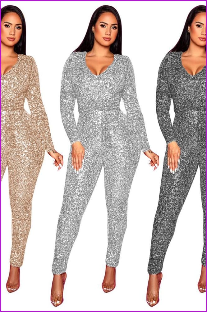 Sequins Jumpsuit Women Bodycon Long Sleeve Rompers with Belt F414 - Furdela