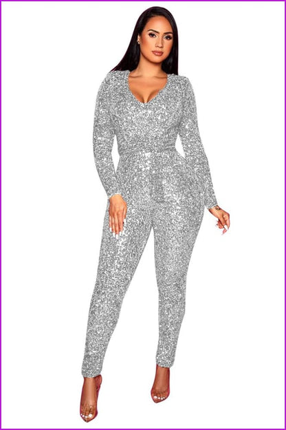 Sequins Jumpsuit Women Bodycon Long Sleeve Rompers with Belt F414 - Furdela