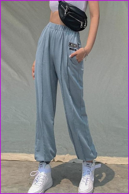 Side Pocket High Waist Blue Jogger Pants DA138 - Furdela