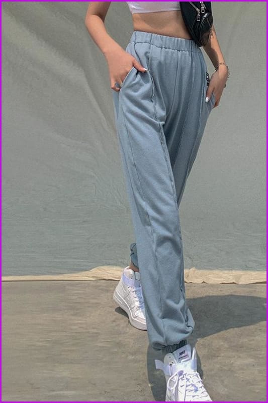 Side Pocket High Waist Blue Jogger Pants DA138 - Furdela