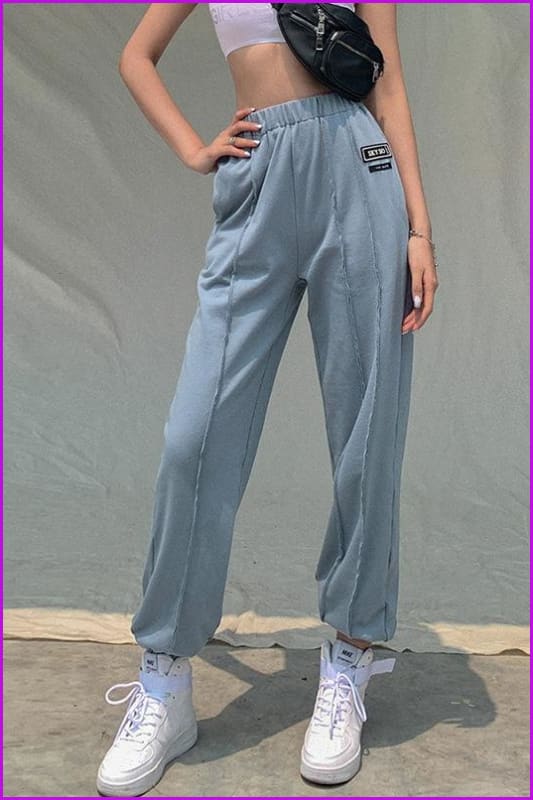 Side Pocket High Waist Blue Jogger Pants DA138 - Furdela