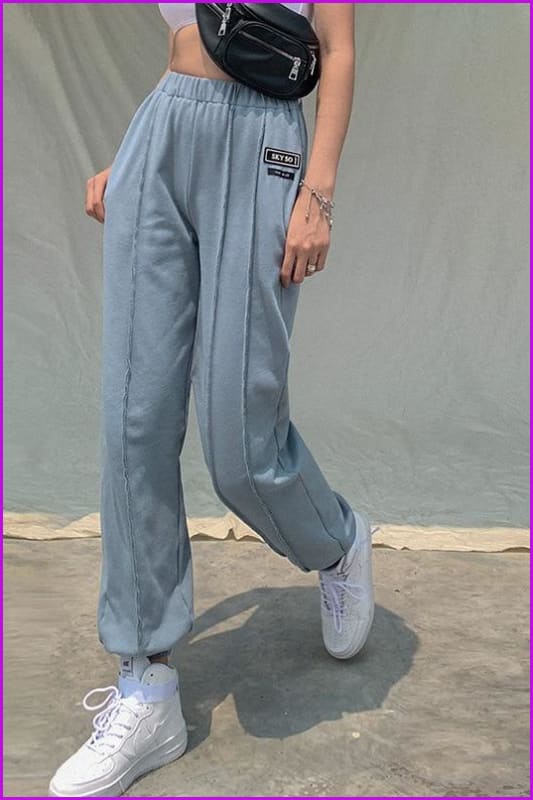 Side Pocket High Waist Blue Jogger Pants DA138 - Furdela