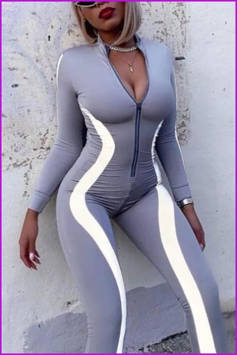 Side Striped Spliced Women Sport Wear Jumpsuit F374 - Furdela