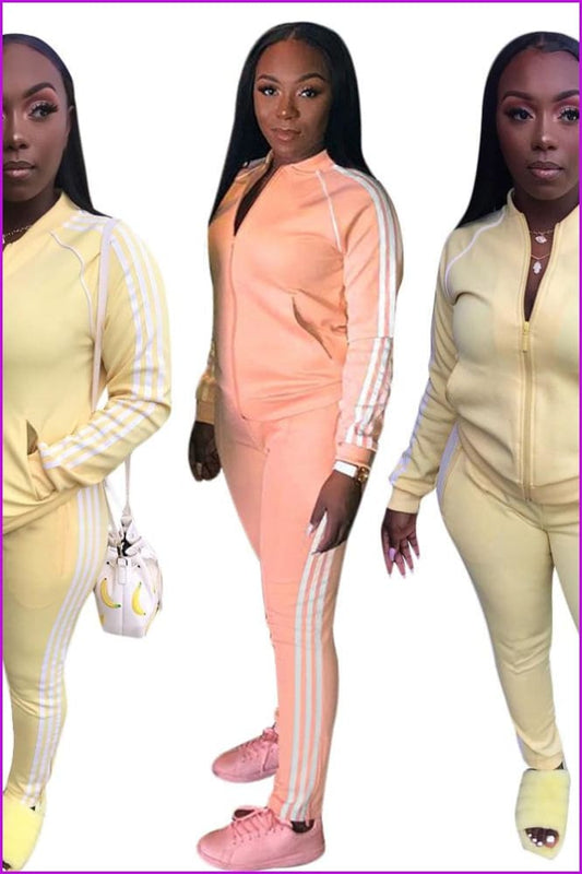 Side Striped Women Casual Light Orange Tracksuits F359 - Furdela