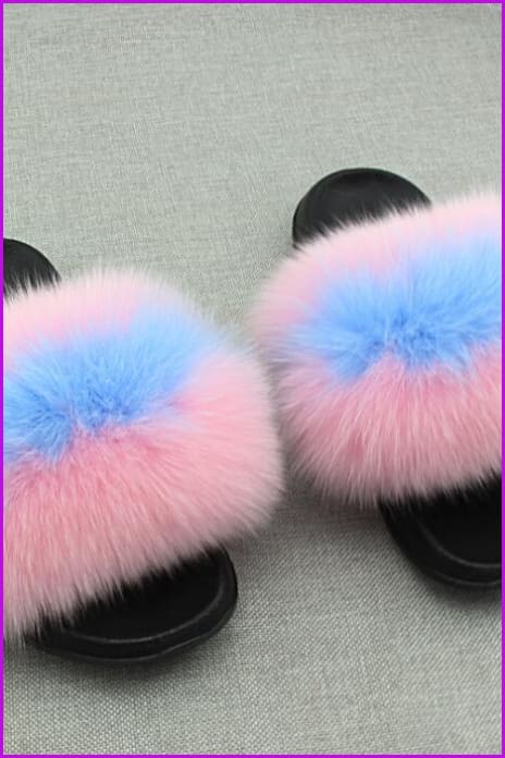 Sky Blue And Pink Fox Full-Pelt Fur Sliders DF003 - Furdela