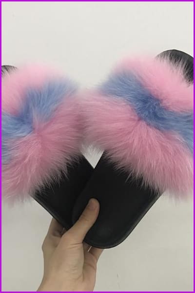 Sky Blue And Pink Fox Full-Pelt Fur Sliders DF003 - Furdela