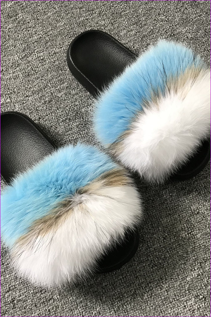 Sky Blue And White Fox Full-Pelt Fur Sliders DF003 - Furdela