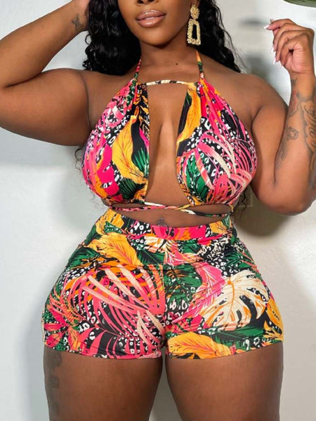 Plus Size Floral Print Bandage Design Shorts Set AR5086