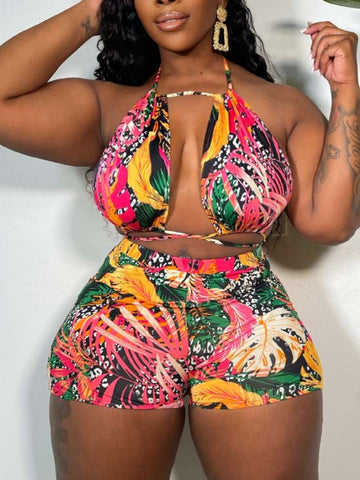 Plus Size Floral Print Bandage Design Shorts Set AR5086