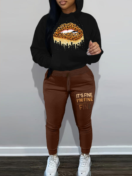 Plus Size Lip Letter Print Kangaroo Pocket Tracksuit Set BO2117