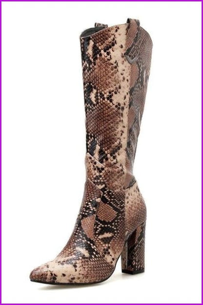 Snake Print Thick High Heels Boots F333 - Furdela