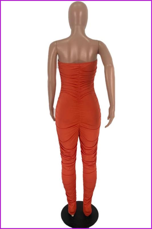 Solid Color Ruched Skinny Strapless JumpsuitDE954 - Furdela