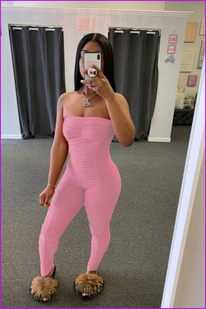 Solid Color Ruched Skinny Strapless JumpsuitDE954 - Furdela