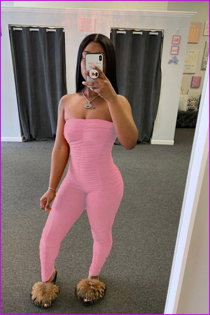 Solid Color Ruched Skinny Strapless JumpsuitDE954 - Furdela