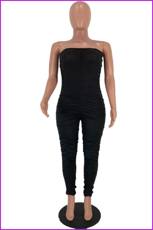Solid Color Ruched Skinny Strapless JumpsuitDE954 - Furdela