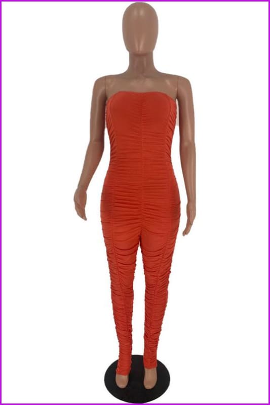 Solid Color Ruched Skinny Strapless JumpsuitDE954 - Furdela