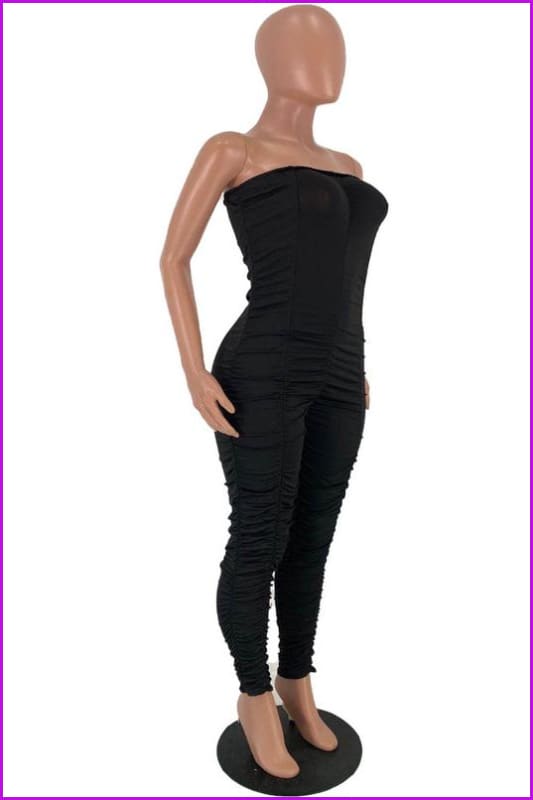 Solid Color Ruched Skinny Strapless JumpsuitDE954 - Furdela