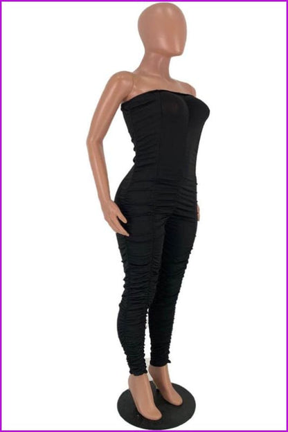 Solid Color Ruched Skinny Strapless JumpsuitDE954 - Furdela