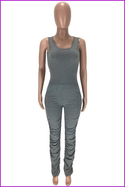 Solid U Neck Ruched Leg Sleeveless JumpsuitDE955 - Furdela