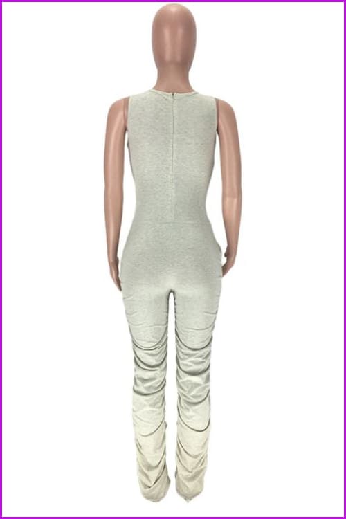 Solid U Neck Ruched Leg Sleeveless JumpsuitDE955 - Furdela