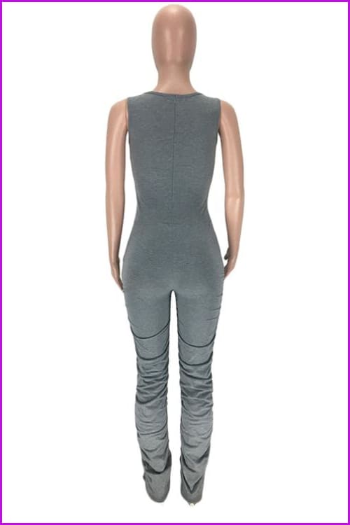 Solid U Neck Ruched Leg Sleeveless JumpsuitDE955 - Furdela