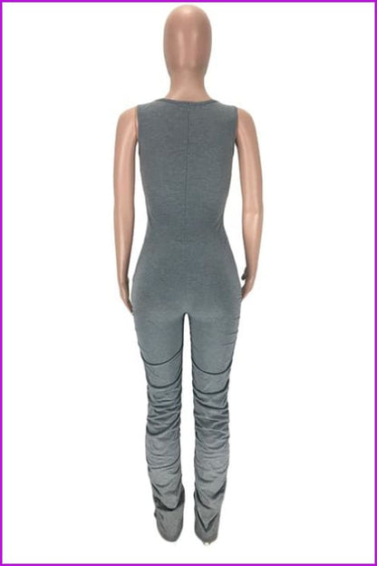 Solid U Neck Ruched Leg Sleeveless JumpsuitDE955 - Furdela