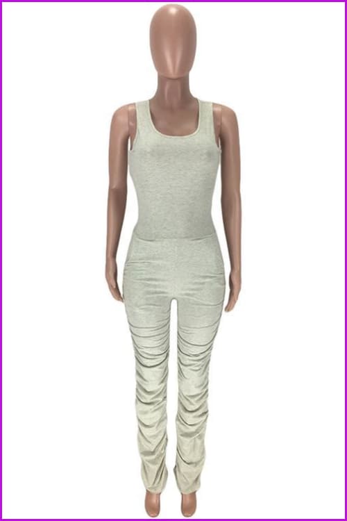 Solid U Neck Ruched Leg Sleeveless JumpsuitDE955 - Furdela